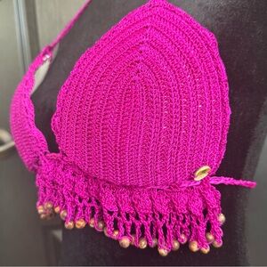 Magenta LIRIO Crochet Bikini Top Wooden Bead Fringe & Lining - Fit:32-36 A-C Cup